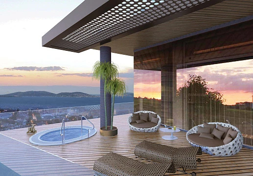 Апартаменты с террасами в высотной резиденции с бассейном и панорамным видом, рядом со станцией метро, Стамбул, Турция